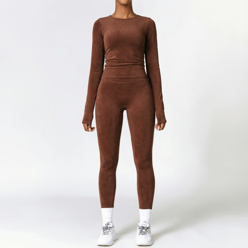 Chocolate Brown | 2-Piece Long-Sleeve Brushed Yoga Set for Women – front view