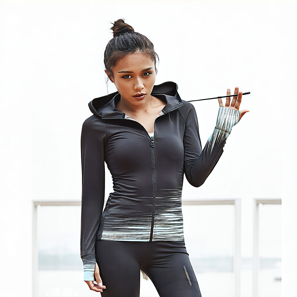 Black | Zip-Up Hooded Long-Sleeve Yoga Top for Women – front view