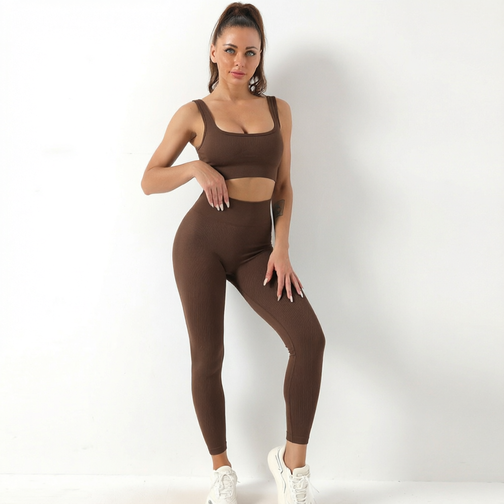 Dark Coffee | 2-Piece Seamless Bra & Leggings Set for Women – front view