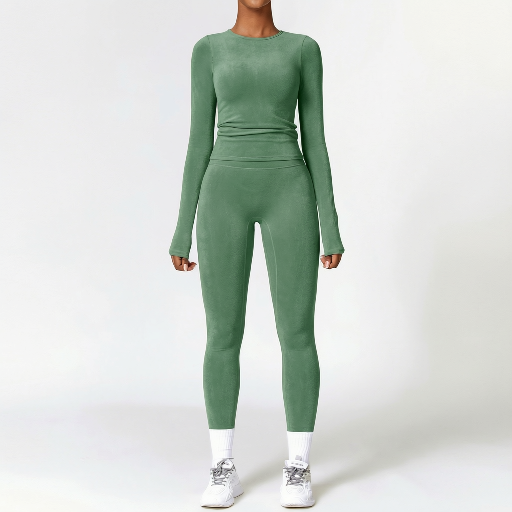 Green | 2-Piece Long-Sleeve Brushed Yoga Set for Women – front view