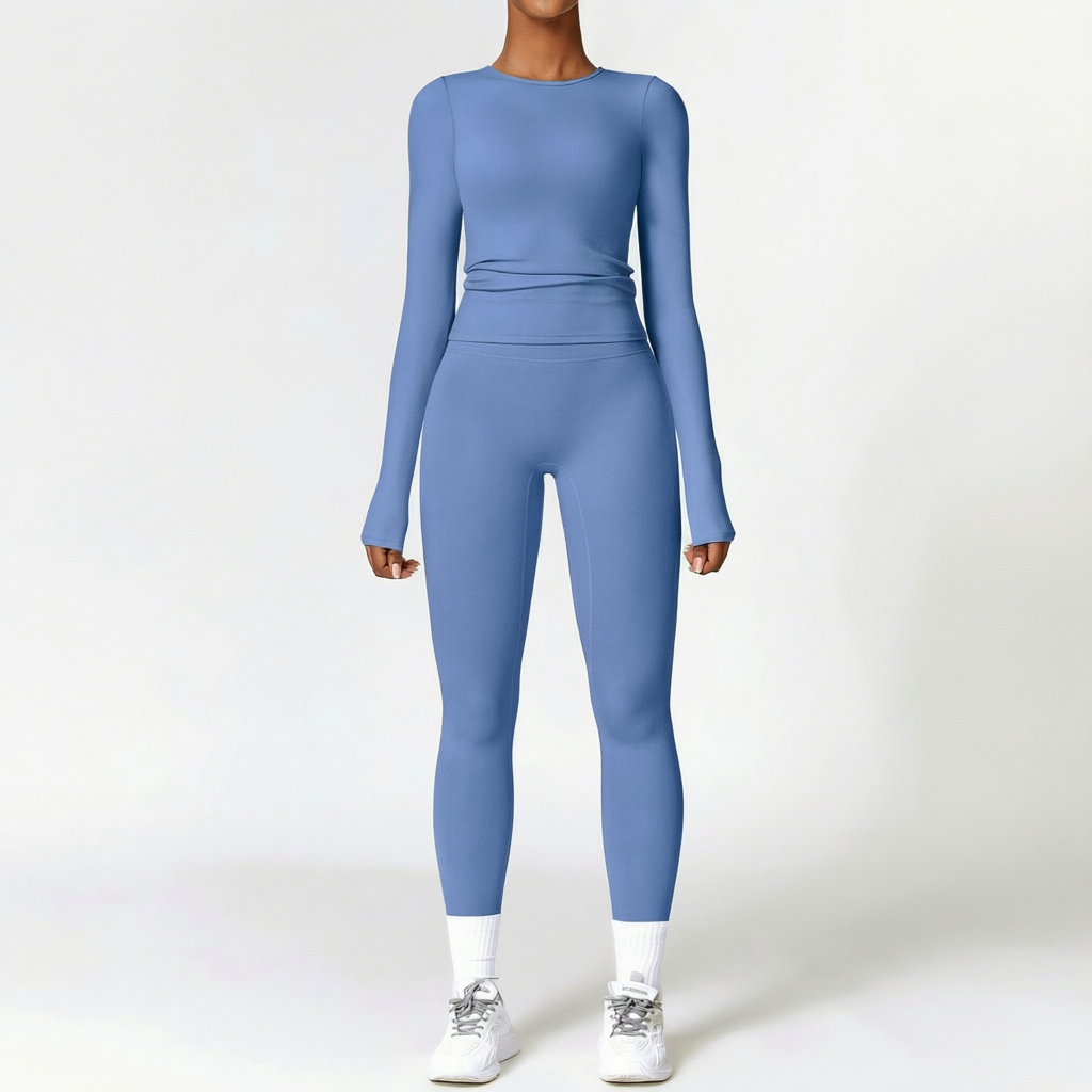 Badge Blue | 2-Piece Long-Sleeve Brushed Yoga Set for Women – front view