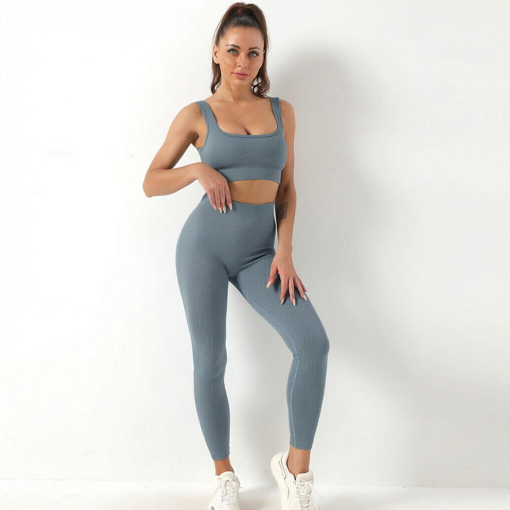 Grey Blue | 2-Piece Seamless Bra & Leggings Set for Women – front view