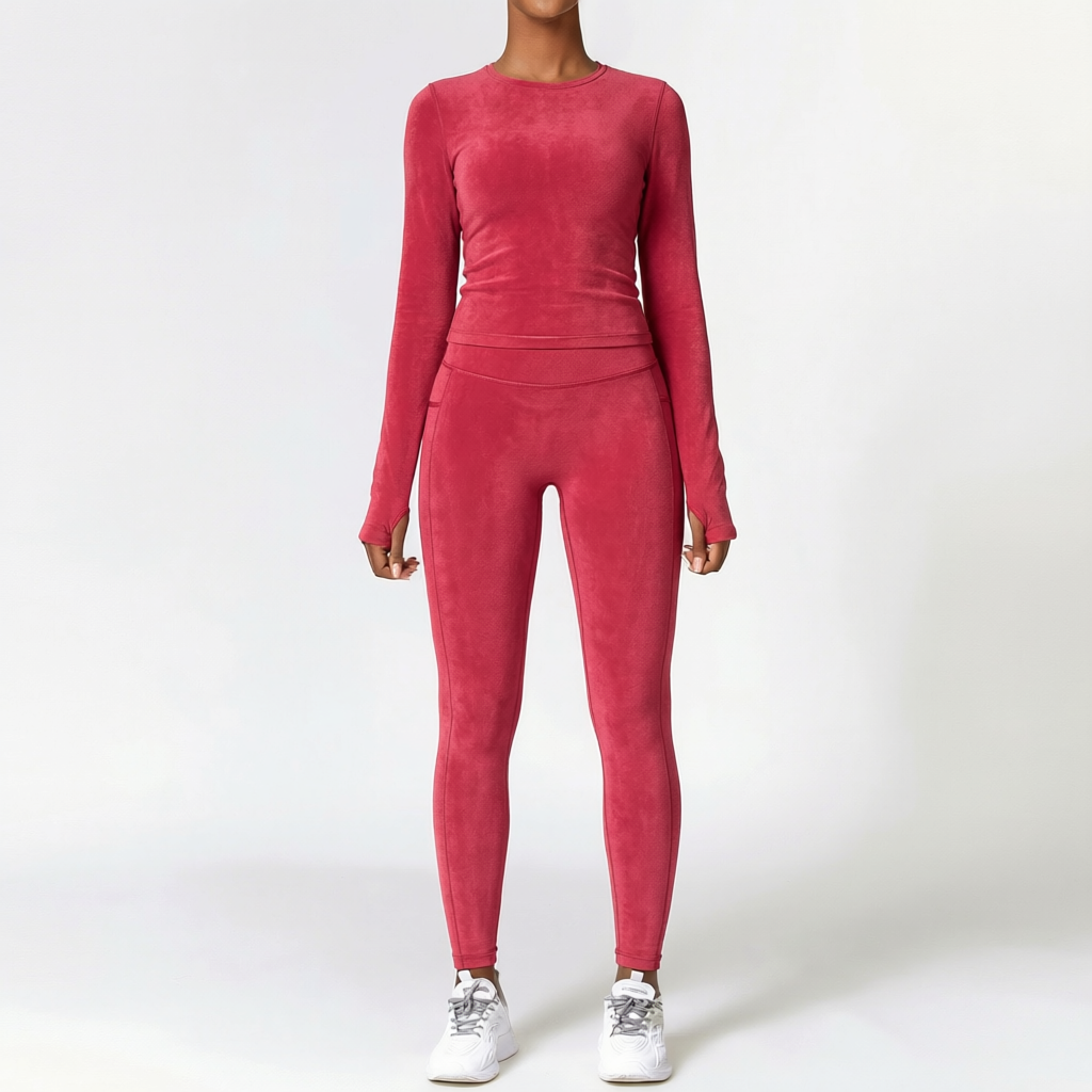 Cherry Red | 2-Piece Long-Sleeve Brushed Yoga Set for Women – front view