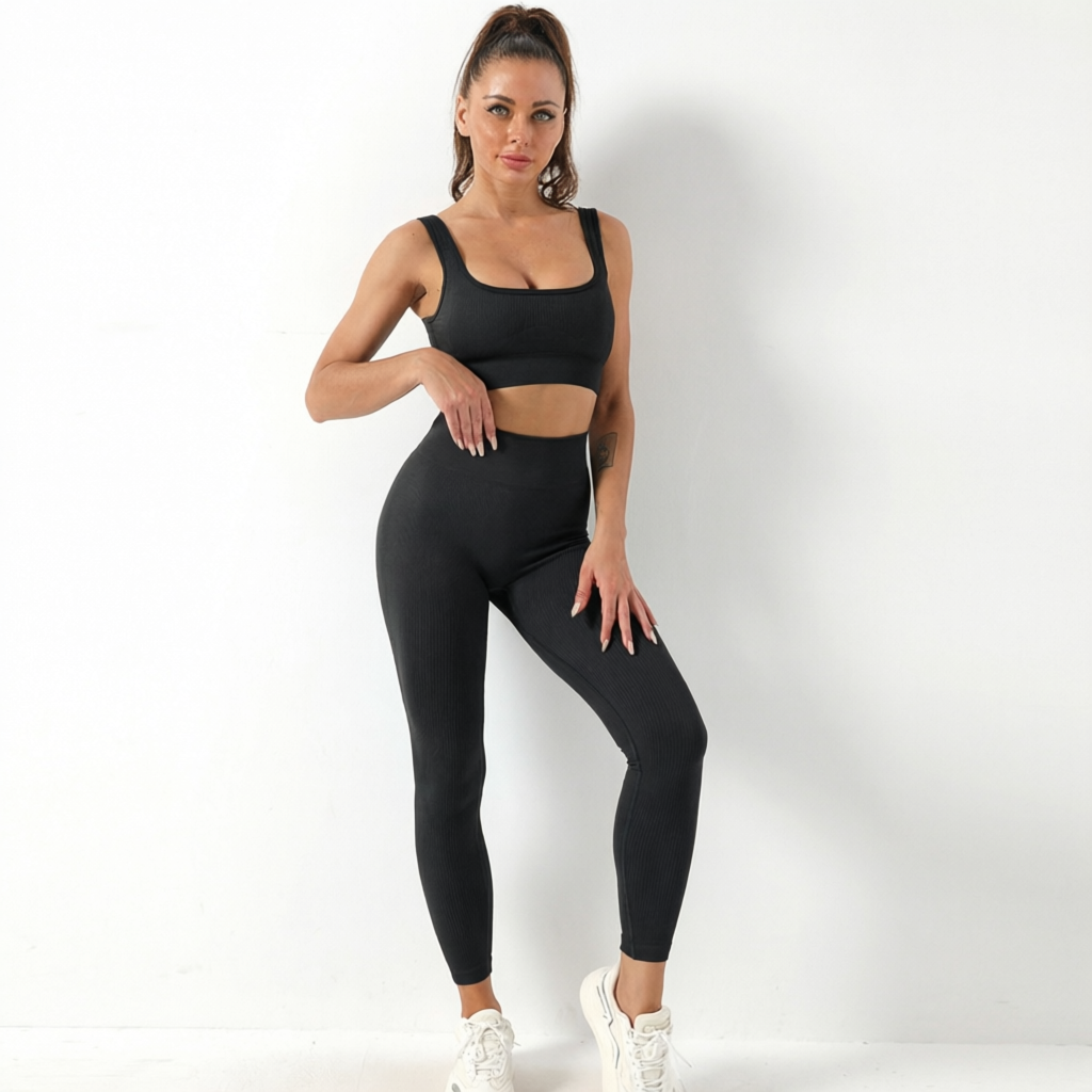 Black | 2-Piece Seamless Bra & Leggings Set for Women – front view