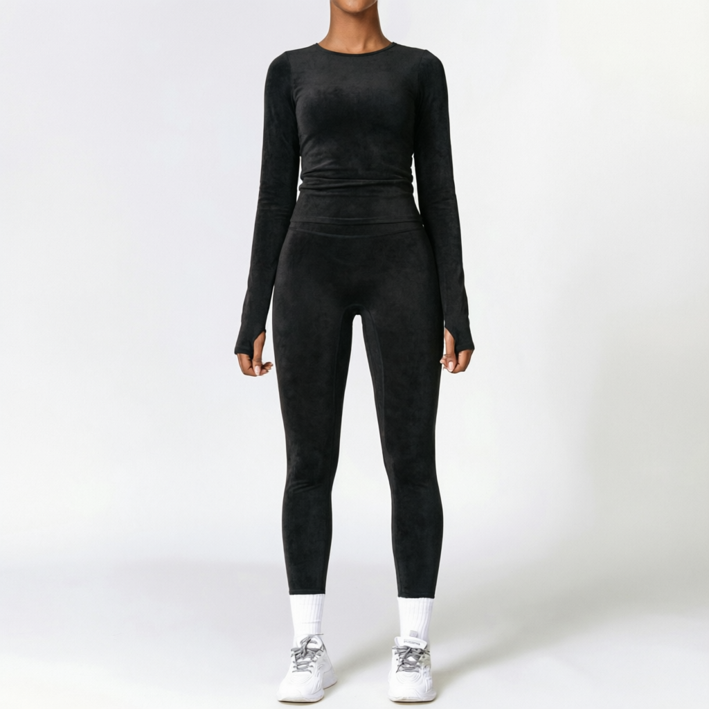 Black | 2-Piece Long-Sleeve Brushed Yoga Set for Women – front view