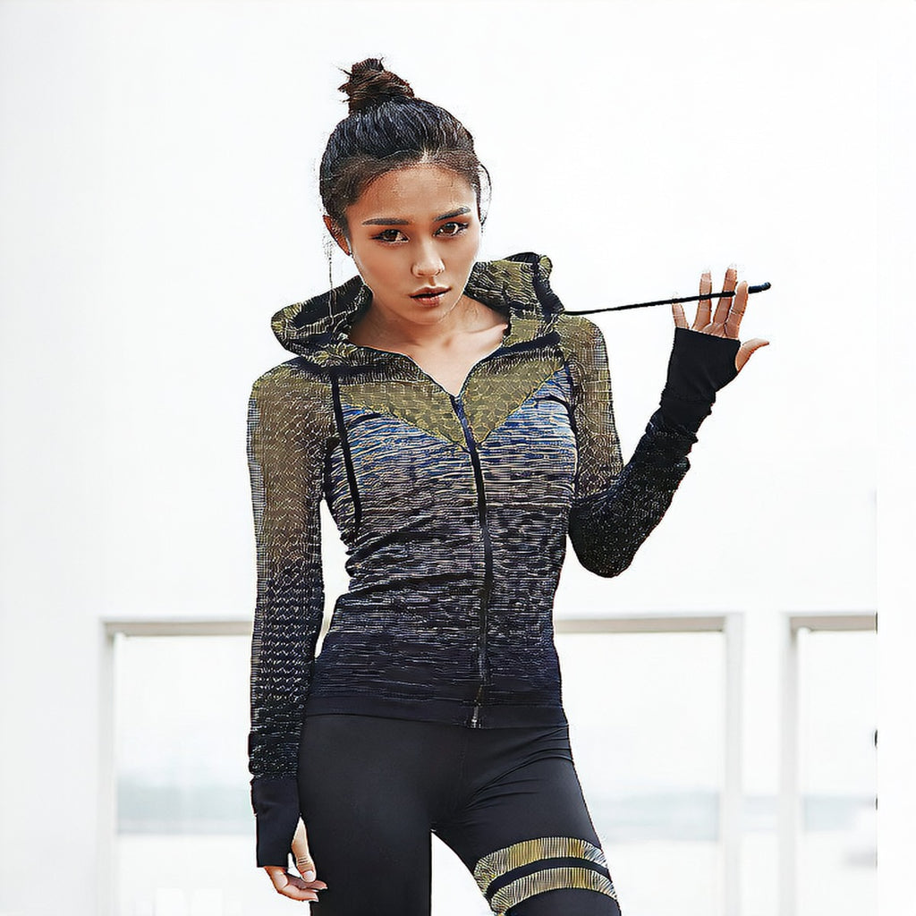 Grey | Zip-Up Hooded Long-Sleeve Yoga Top for Women – three-quarter view