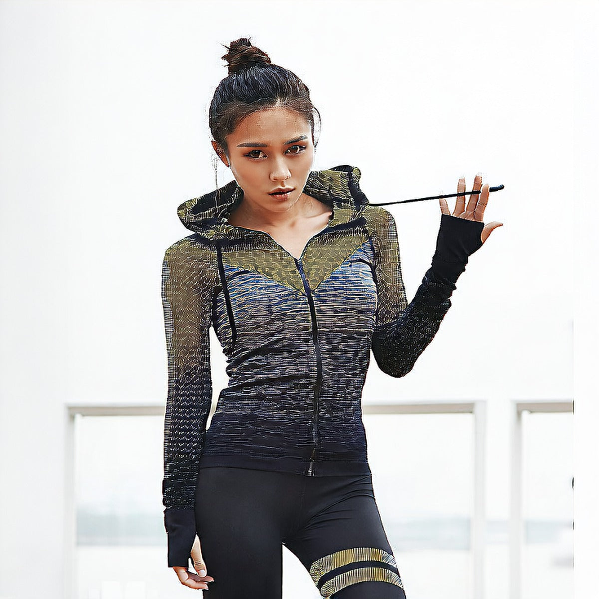Grey | Zip-Up Hooded Long-Sleeve Yoga Top for Women – three-quarter view