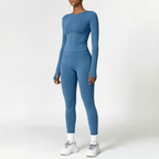 Badge Blue | 2-Piece Long-Sleeve Brushed Yoga Set for Women – three-quarter view