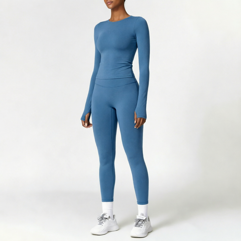 Badge Blue | 2-Piece Long-Sleeve Brushed Yoga Set for Women – three-quarter view