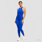 Blue | Sleeveless Zip-Front Yoga Jumpsuit for Women – three-quarter view
