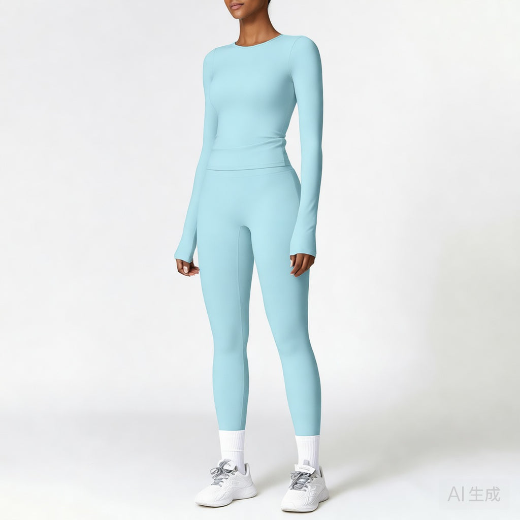 Light Blue | 2-Piece Long-Sleeve Brushed Yoga Set for Women – three-quarter view
