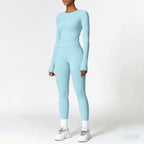 Light Blue | 2-Piece Long-Sleeve Brushed Yoga Set for Women – three-quarter view