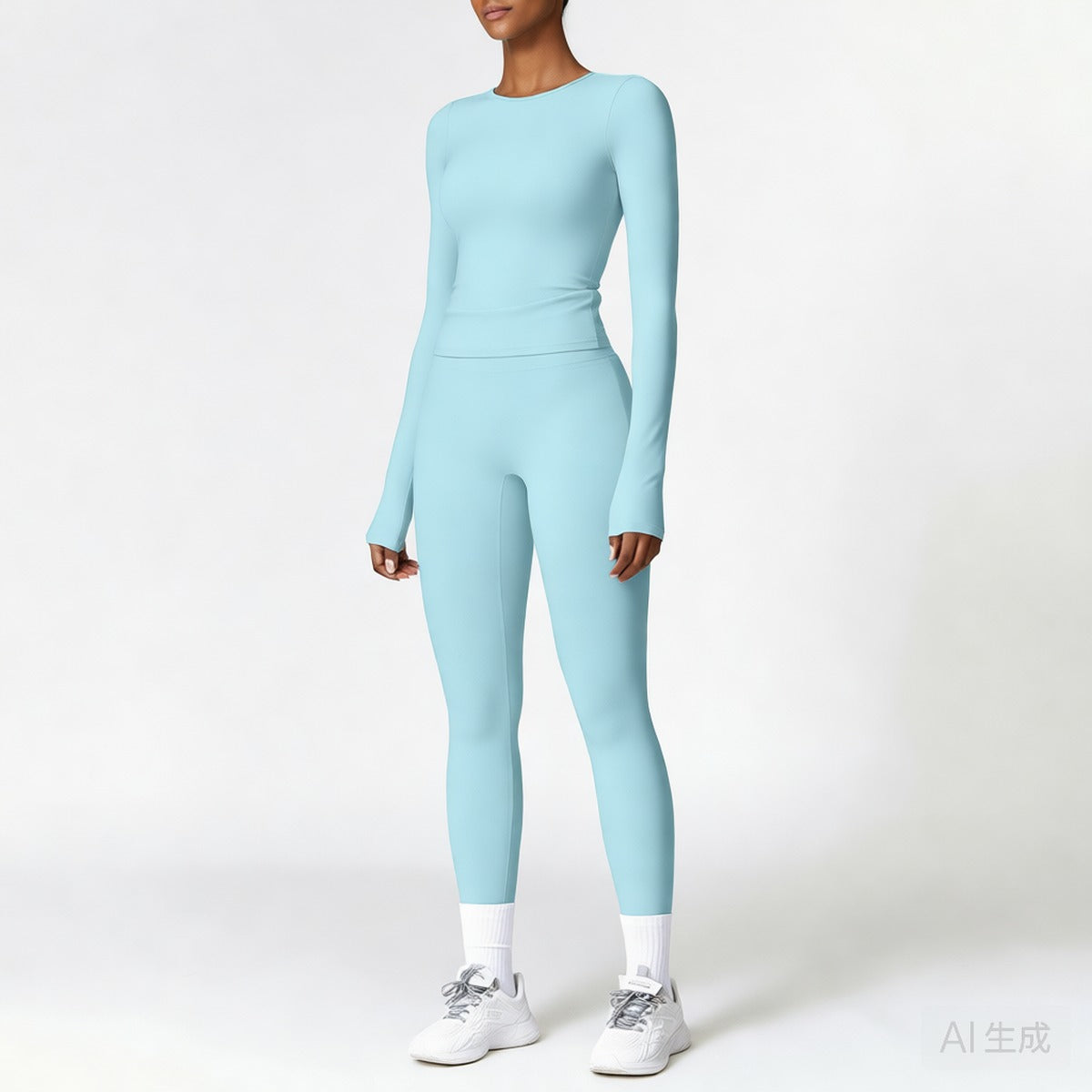 Light Blue | 2-Piece Long-Sleeve Brushed Yoga Set for Women – three-quarter view