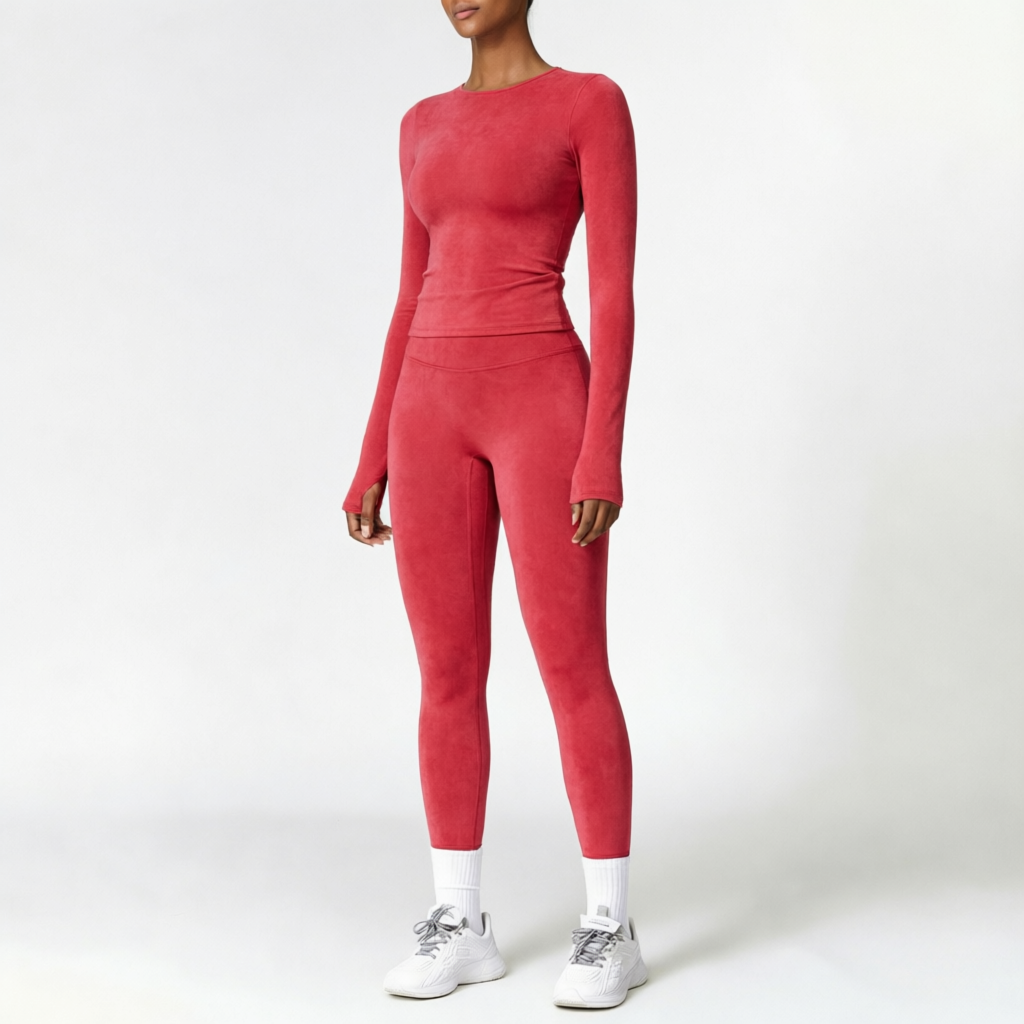 Cherry Red | 2-Piece Long-Sleeve Brushed Yoga Set for Women – three-quarter view