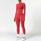 Cherry Red | 2-Piece Long-Sleeve Brushed Yoga Set for Women – three-quarter view