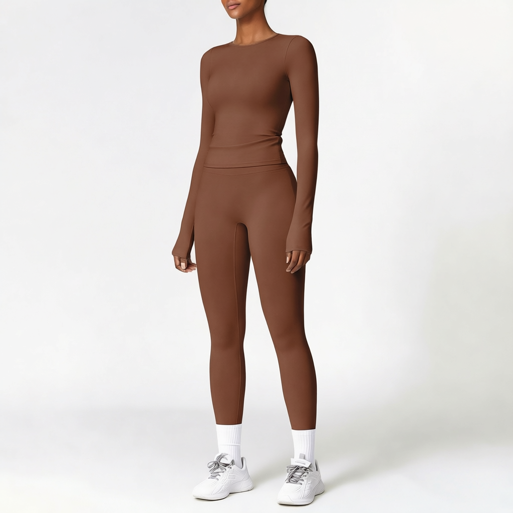 Chocolate Brown | 2-Piece Long-Sleeve Brushed Yoga Set for Women – three-quarter view