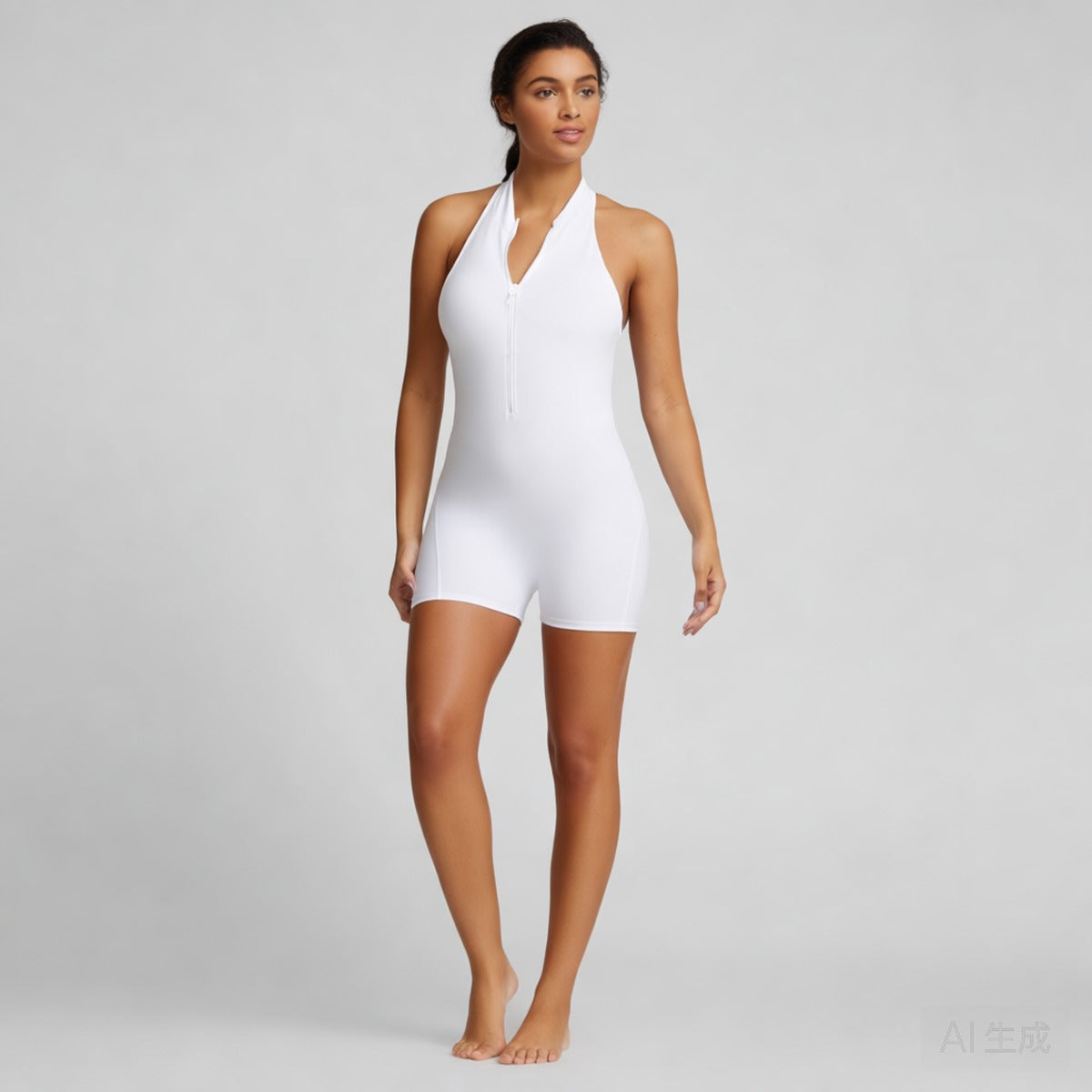 White | Sleeveless Zip-Front Yoga Romper for Women – three-quarter view