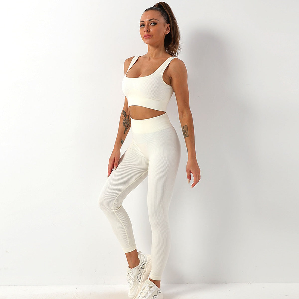 Beige | 2-Piece Seamless Bra & Leggings Set for Women – three-quarter view