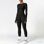 Black | 2-Piece Long-Sleeve Brushed Yoga Set for Women – three-quarter view