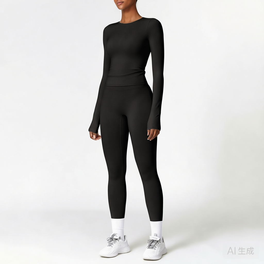 Black | 2-Piece Long-Sleeve Brushed Yoga Set for Women – three-quarter view