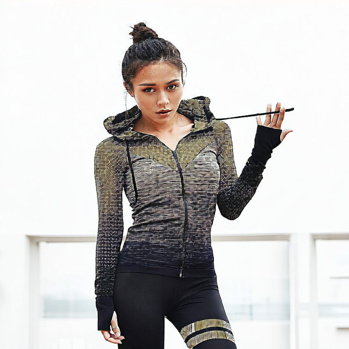 Grey | Zip-Up Hooded Long-Sleeve Yoga Top for Women – side view