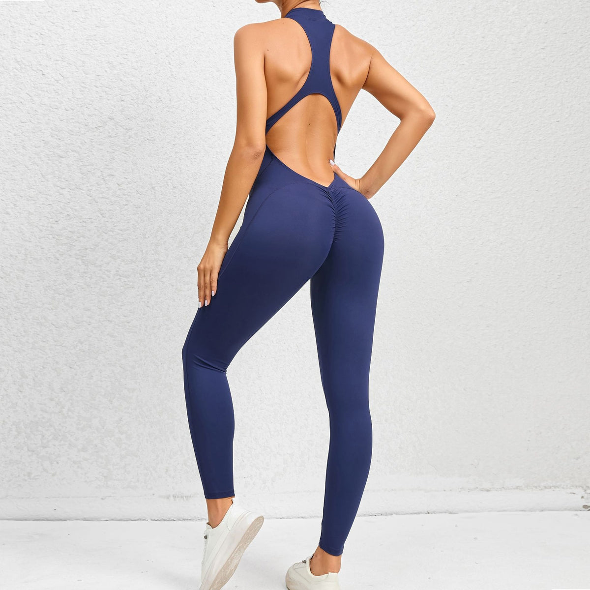 Blue | Sleeveless Zip-Front Yoga Jumpsuit for Women – back view