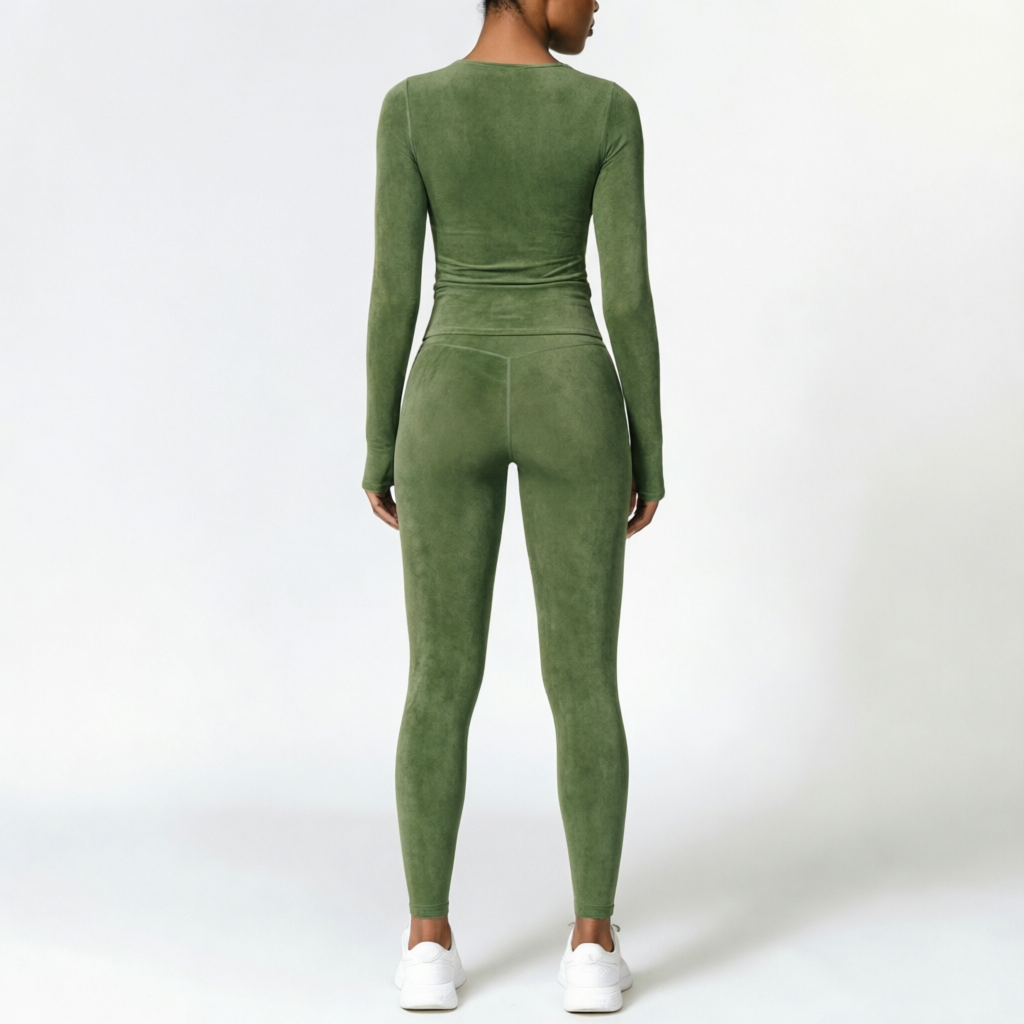 Green | 2-Piece Long-Sleeve Brushed Yoga Set for Women – back view