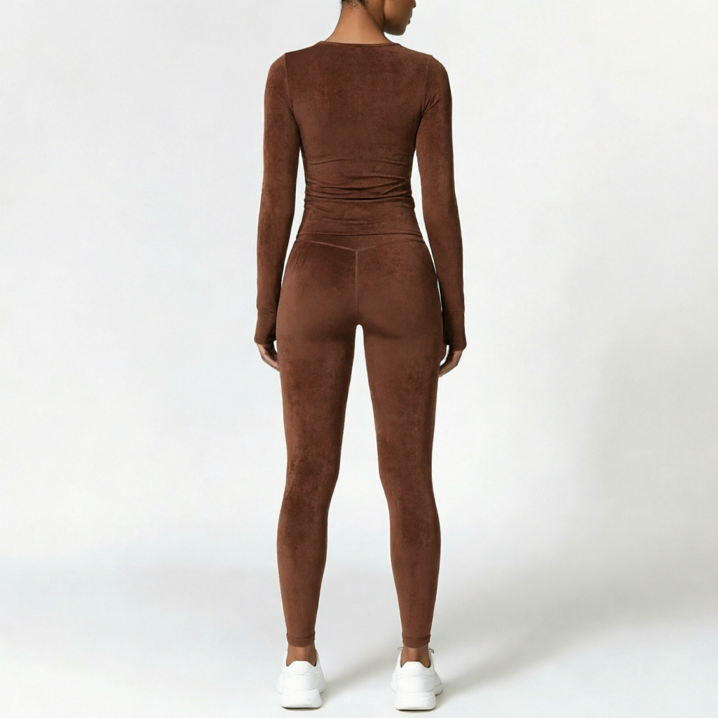 Chocolate Brown | 2-Piece Long-Sleeve Brushed Yoga Set for Women – back view