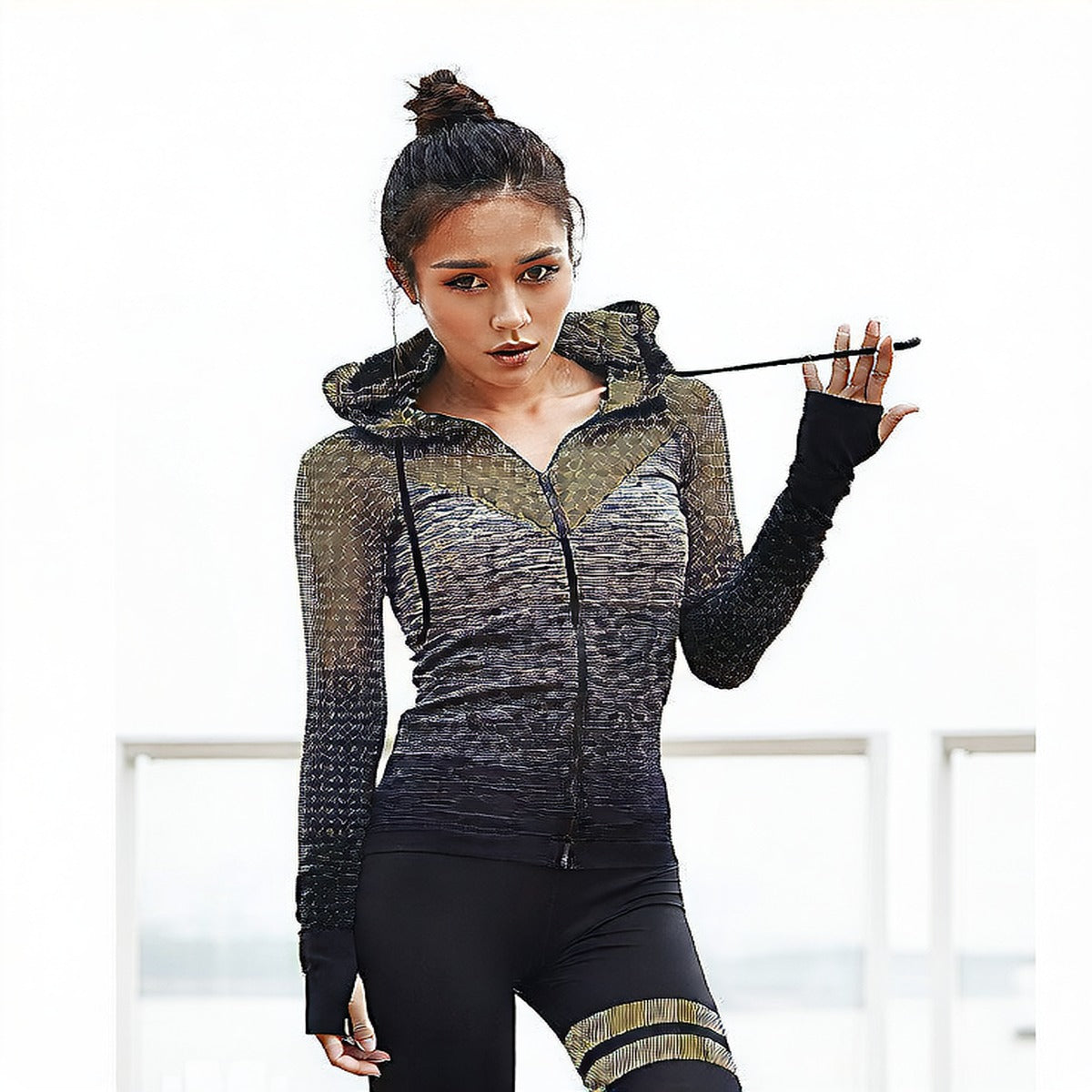 Grey | Zip-Up Hooded Long-Sleeve Yoga Top for Women – back view
