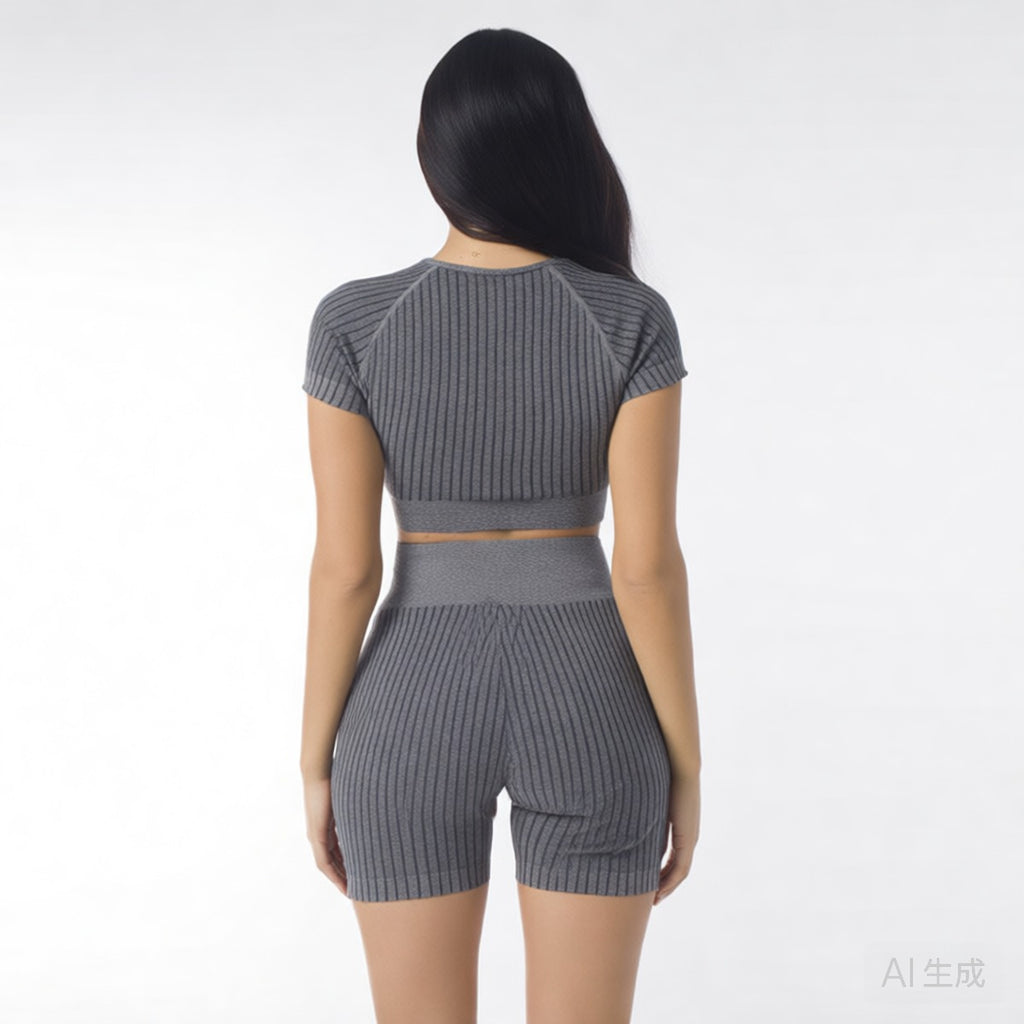 Grey | Seamless Short-Sleeve Yoga Set for Women – back view
