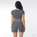 Grey | Seamless Short-Sleeve Yoga Set for Women – back view