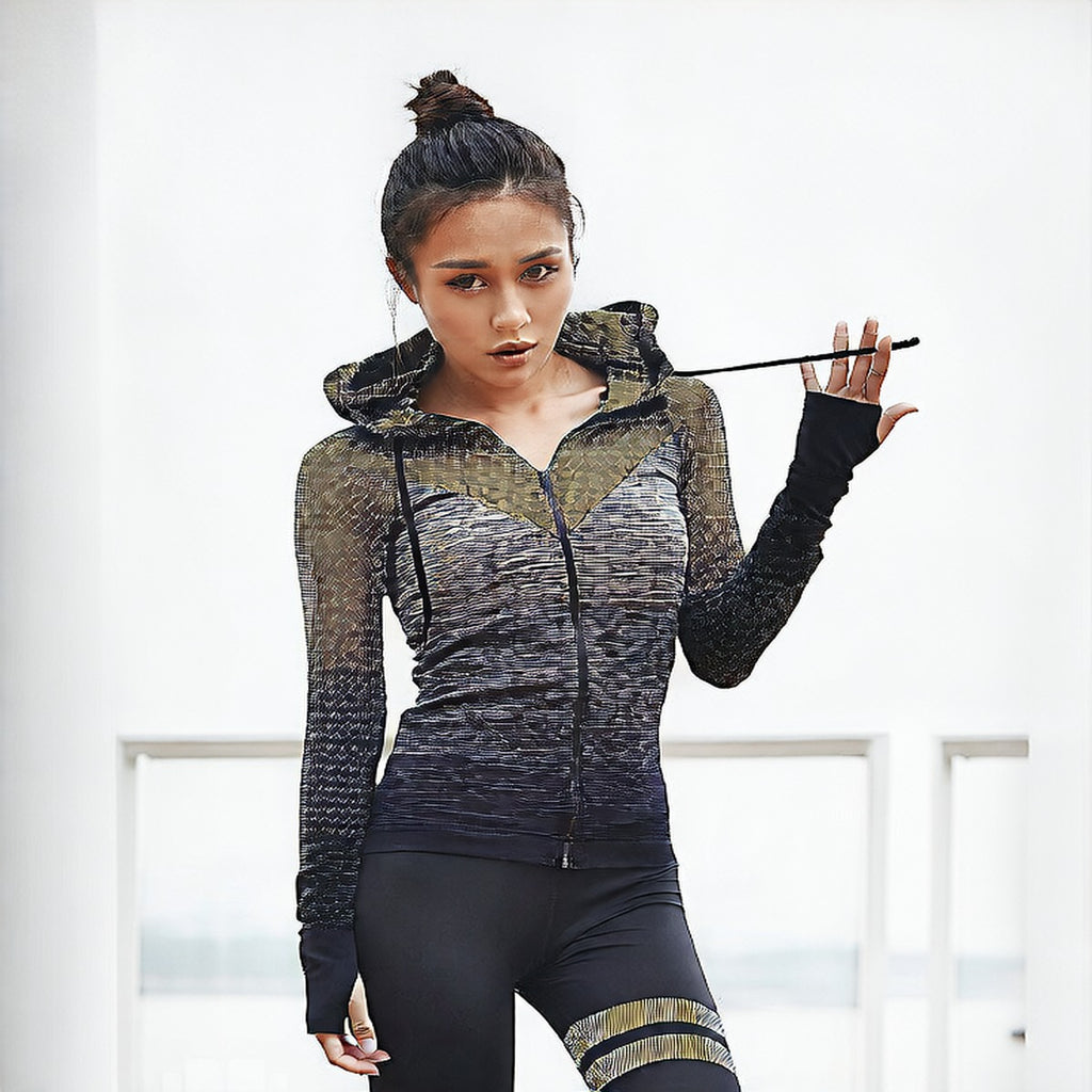 Grey | Zip-Up Hooded Long-Sleeve Yoga Top for Women – detail close-up