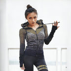 Grey | Zip-Up Hooded Long-Sleeve Yoga Top for Women – detail close-up