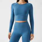 Badge Blue | 2-Piece Long-Sleeve Brushed Yoga Set for Women – detail close-up