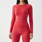 Cherry Red | 2-Piece Long-Sleeve Brushed Yoga Set for Women – detail close-up