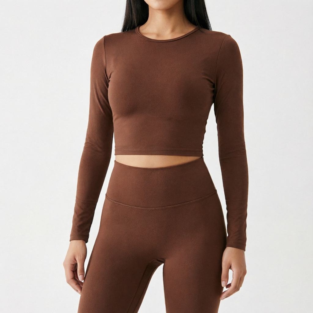 Chocolate Brown | 2-Piece Long-Sleeve Brushed Yoga Set for Women – detail close-up