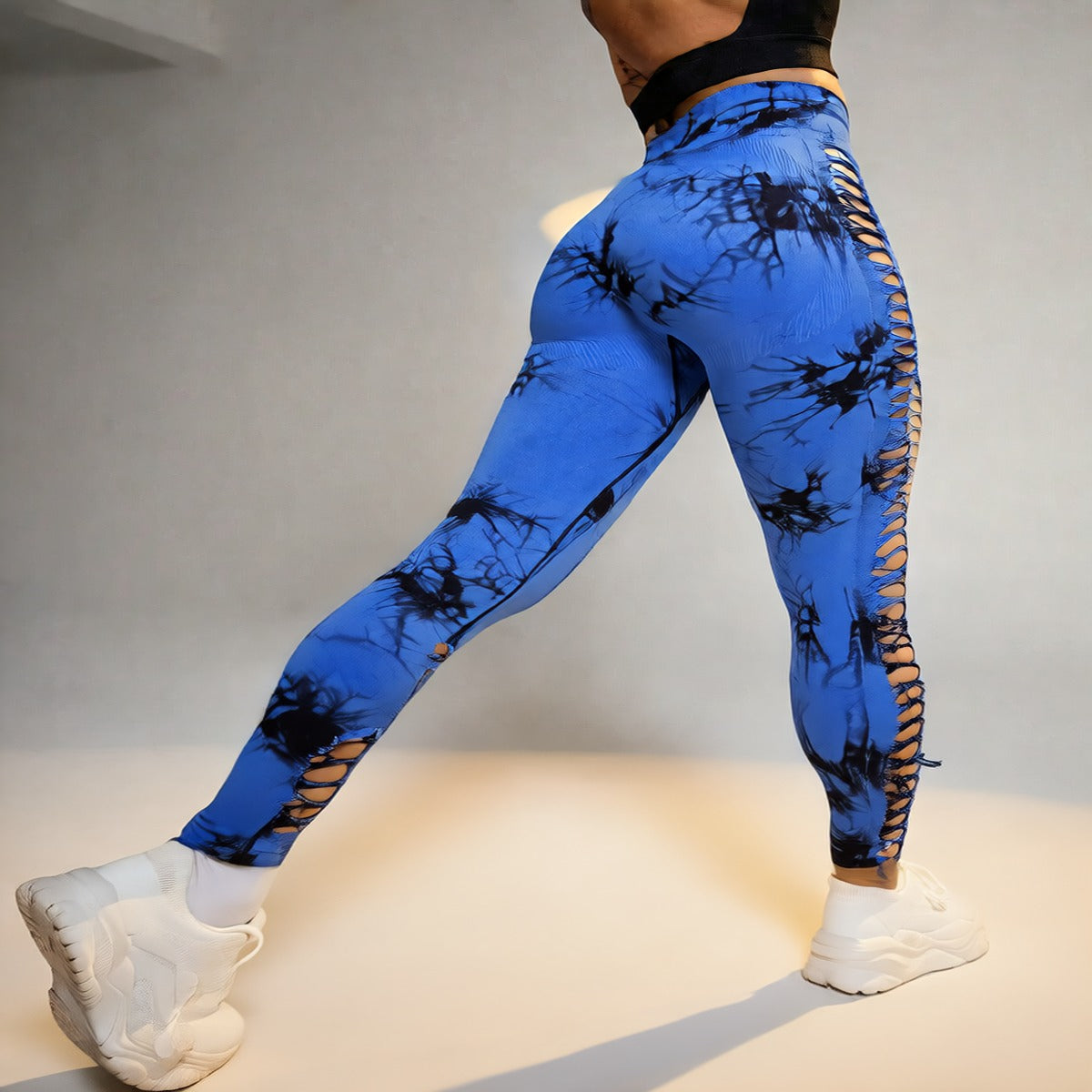 Blue | High-Waist Tie-Dye Yoga Pants for Women – detail close-up