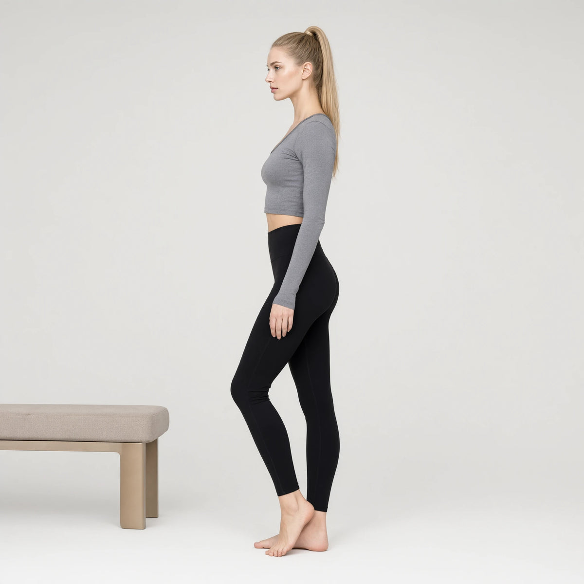 Grey | Gradient Long Sleeve Yoga Top｜DUVETMOON – side view (ankles gently crossed)
