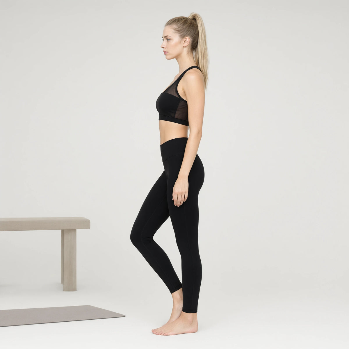 Black | Mesh Corset Tank Top for Women｜DUVETMOON – side view (ankles gently crossed)