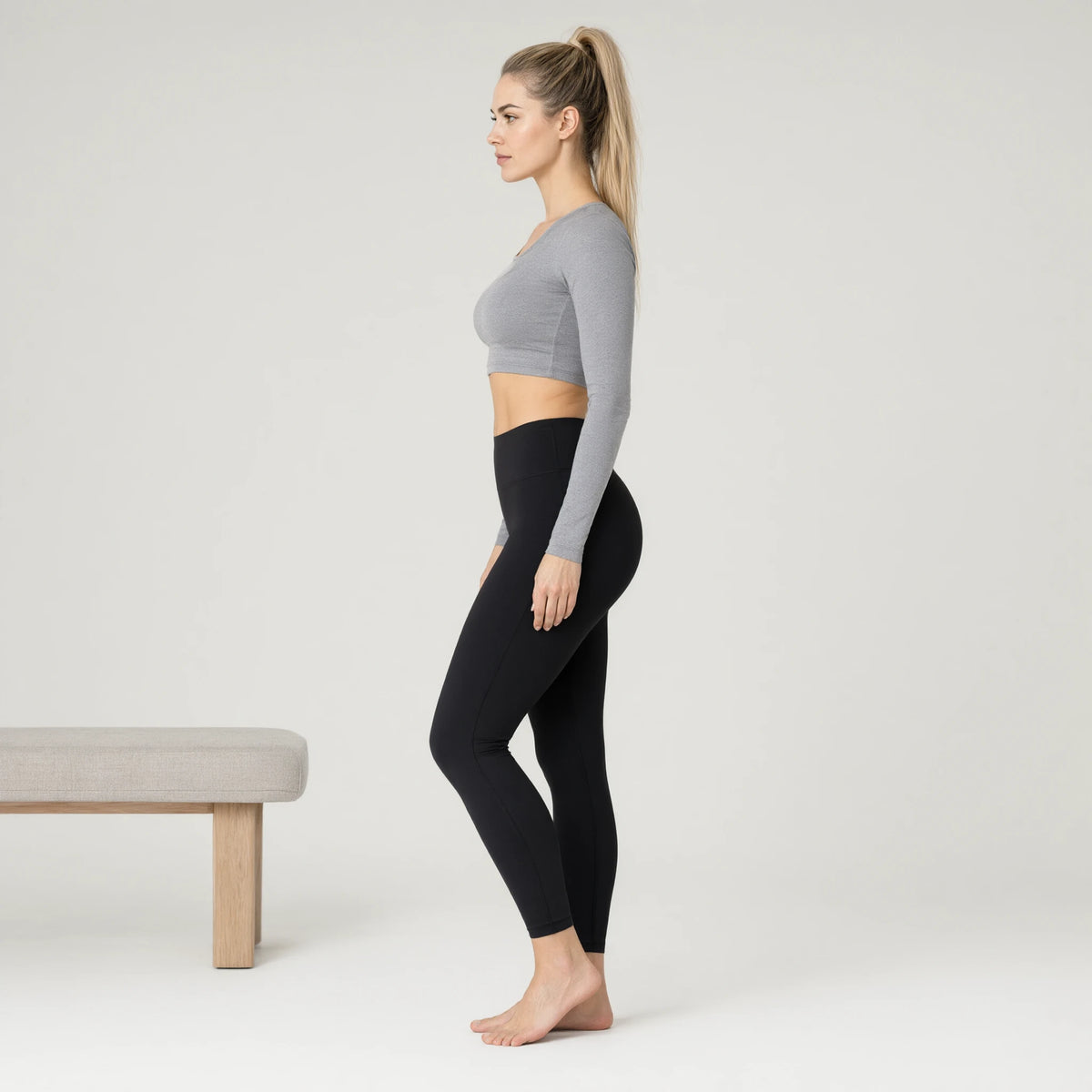 Bluish Grey | Fisoew Long Sleeve Crop Tops Loose Fit Crew｜DUVETMOON – side view (ankles gently crossed)