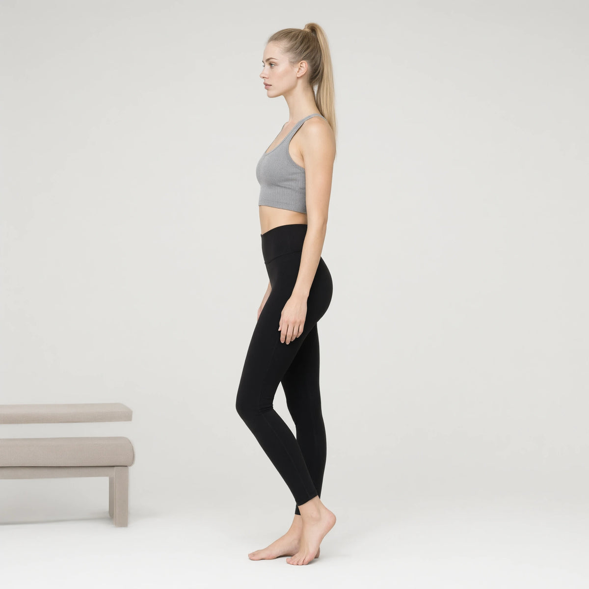 Blk_wht_lgry | 3 Pack Crop Basic Tank Top Ribbed Knit｜DUVETMOON – side view (ankles gently crossed)