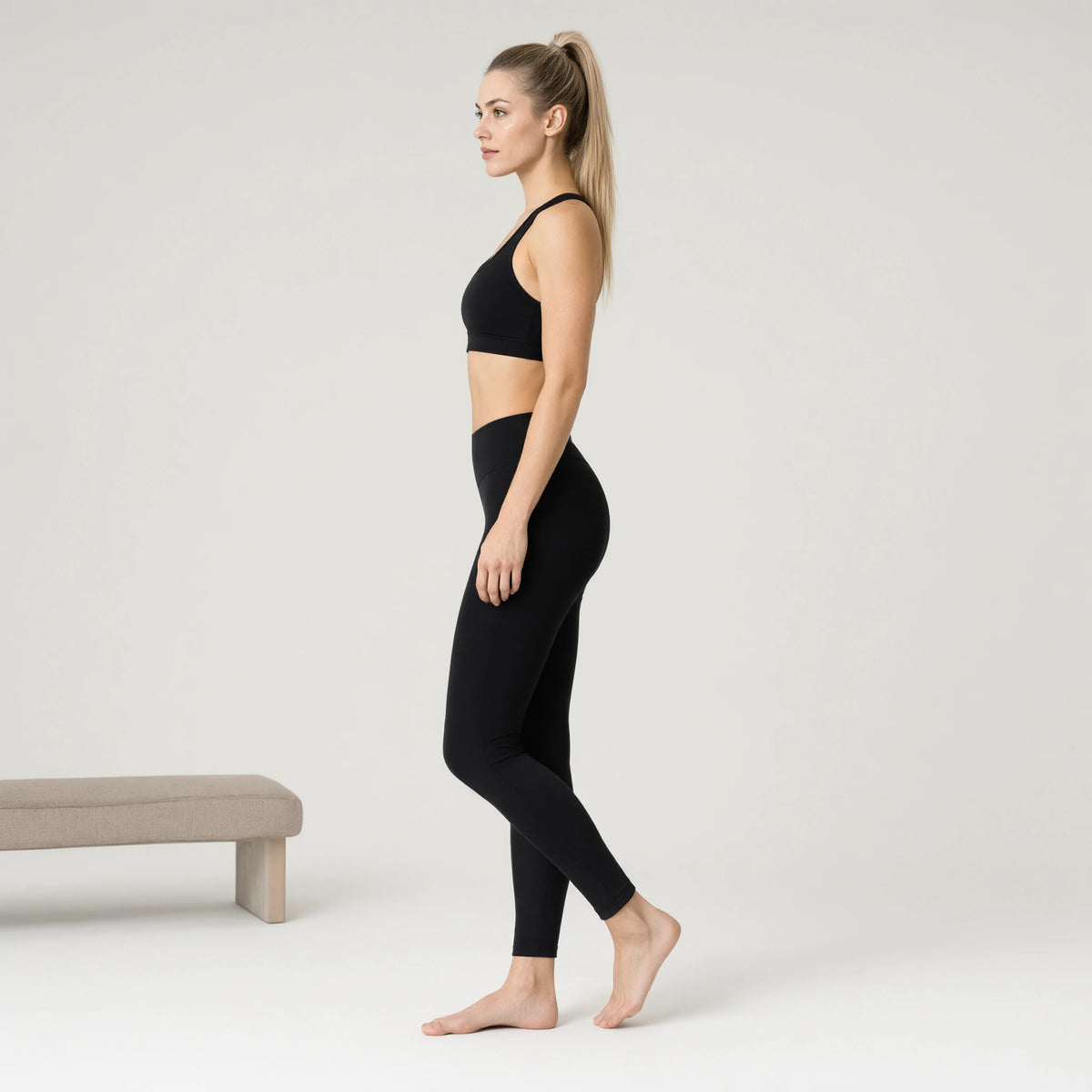 Black | Leopard Print Workout Sets 2 Piece Outfits Crop｜DUVETMOON – side view (ankles gently crossed)