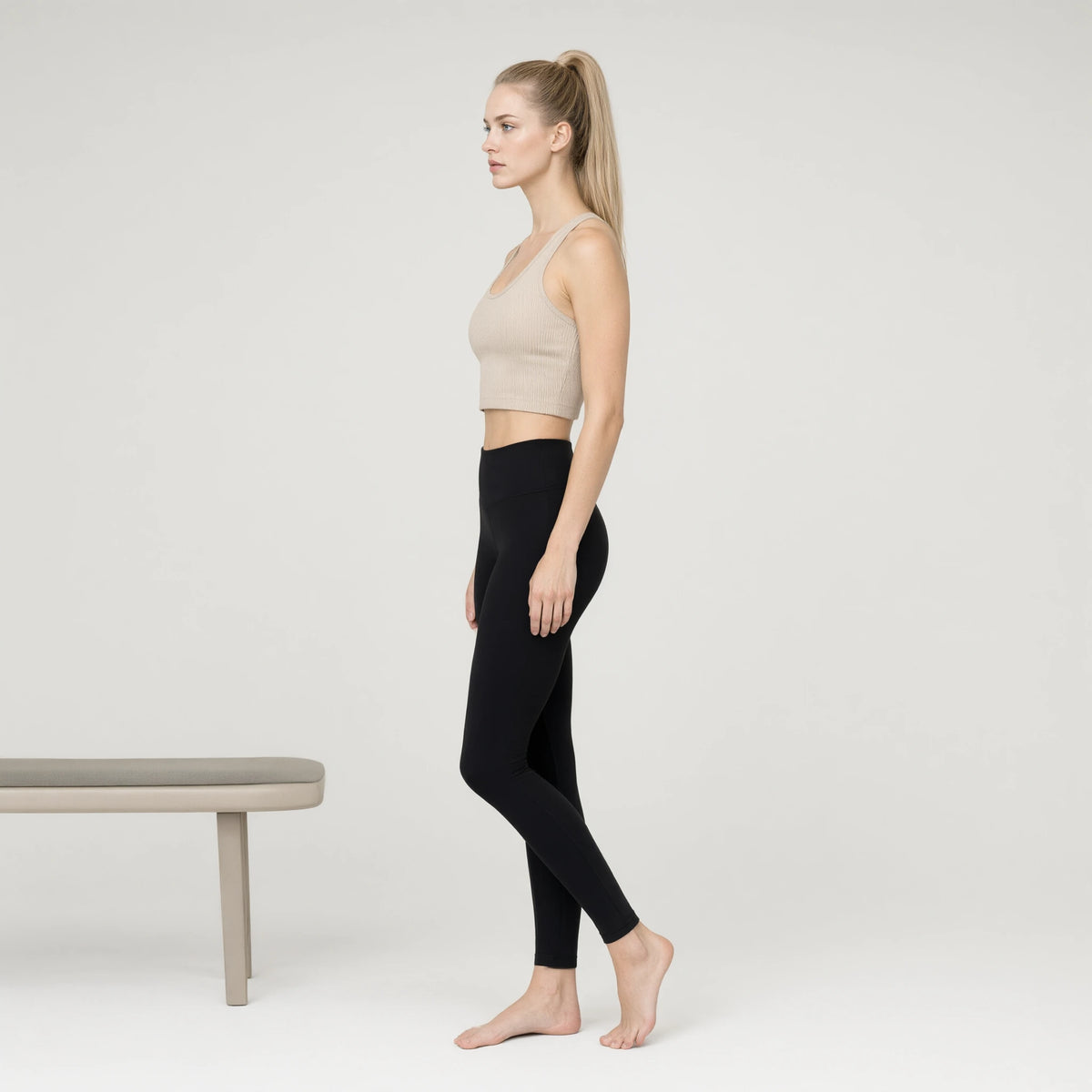 Dgry_kha_beige | 3 Pack Crop Basic Tank Top Ribbed Knit｜DUVETMOON – side view (ankles gently crossed)