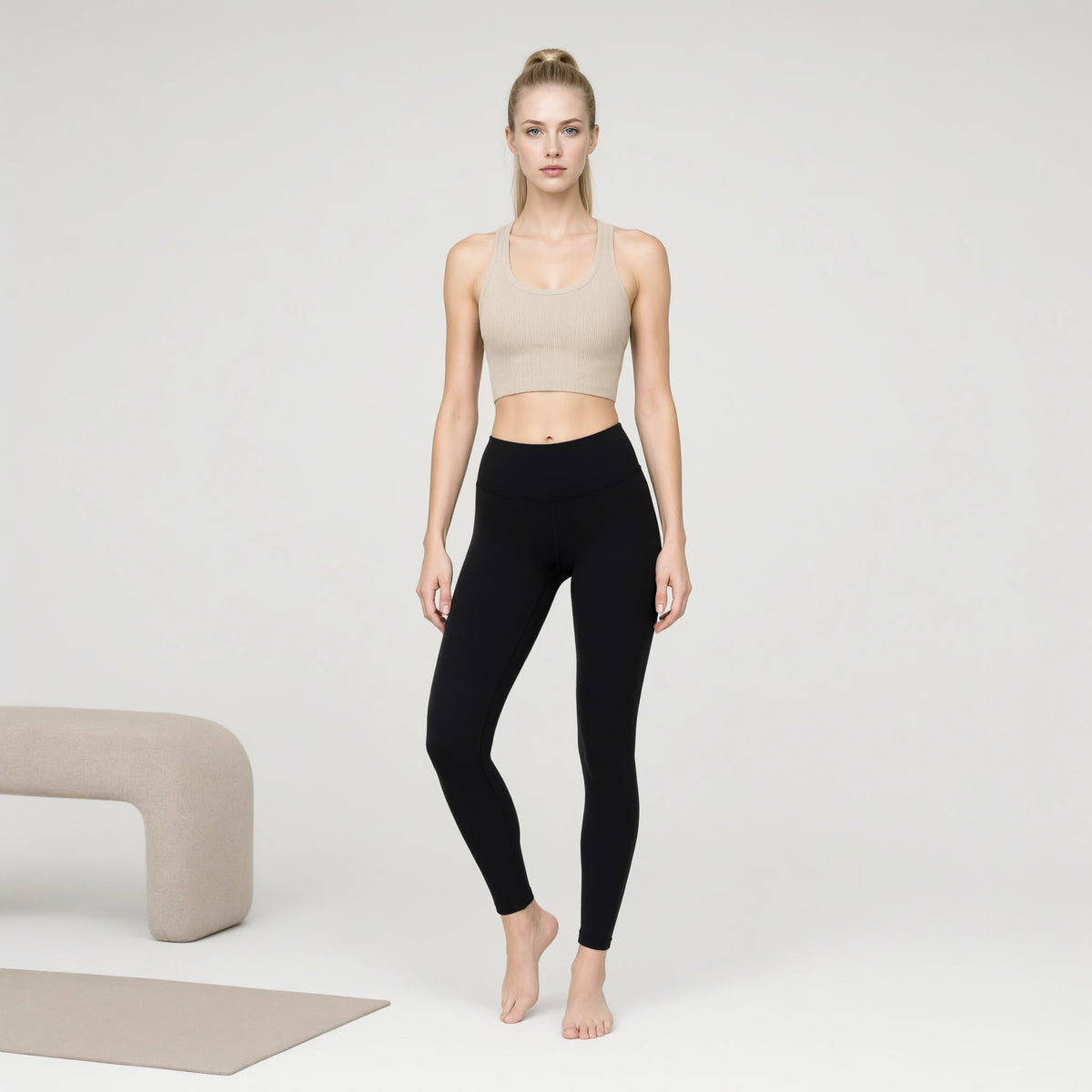 Dgry_kha_beige | 3 Pack Crop Basic Tank Top Ribbed Knit｜DUVETMOON – front view (one foot stepped half a pace forward)