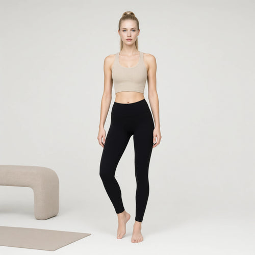 Dgry_kha_beige | 3 Pack Crop Basic Tank Top Ribbed Knit｜DUVETMOON – front view (one foot stepped half a pace forward)