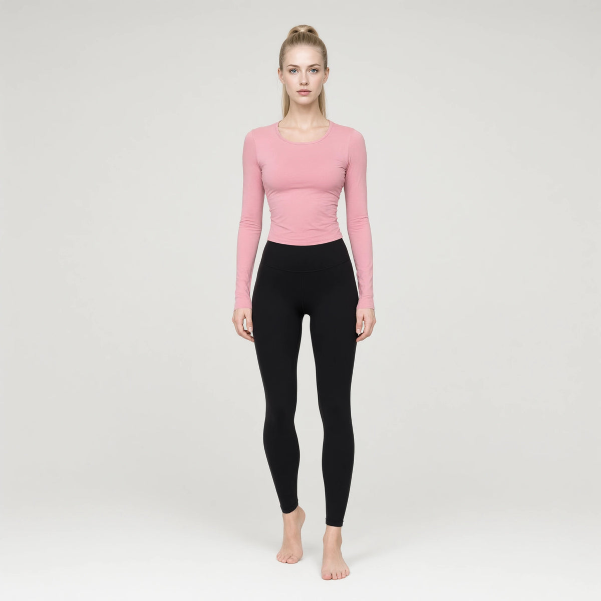 Pink | Rib Long Sleeve Running Dress Skinny Sports Top｜DUVETMOON – front view (one foot stepped half a pace forward)