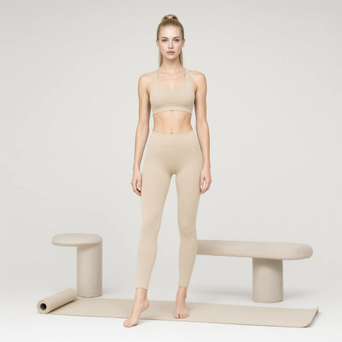 Beige | 2-Piece Seamless Bra & Leggings Set for Women｜DUVETMOON – front view (one foot stepped half a pace forward)