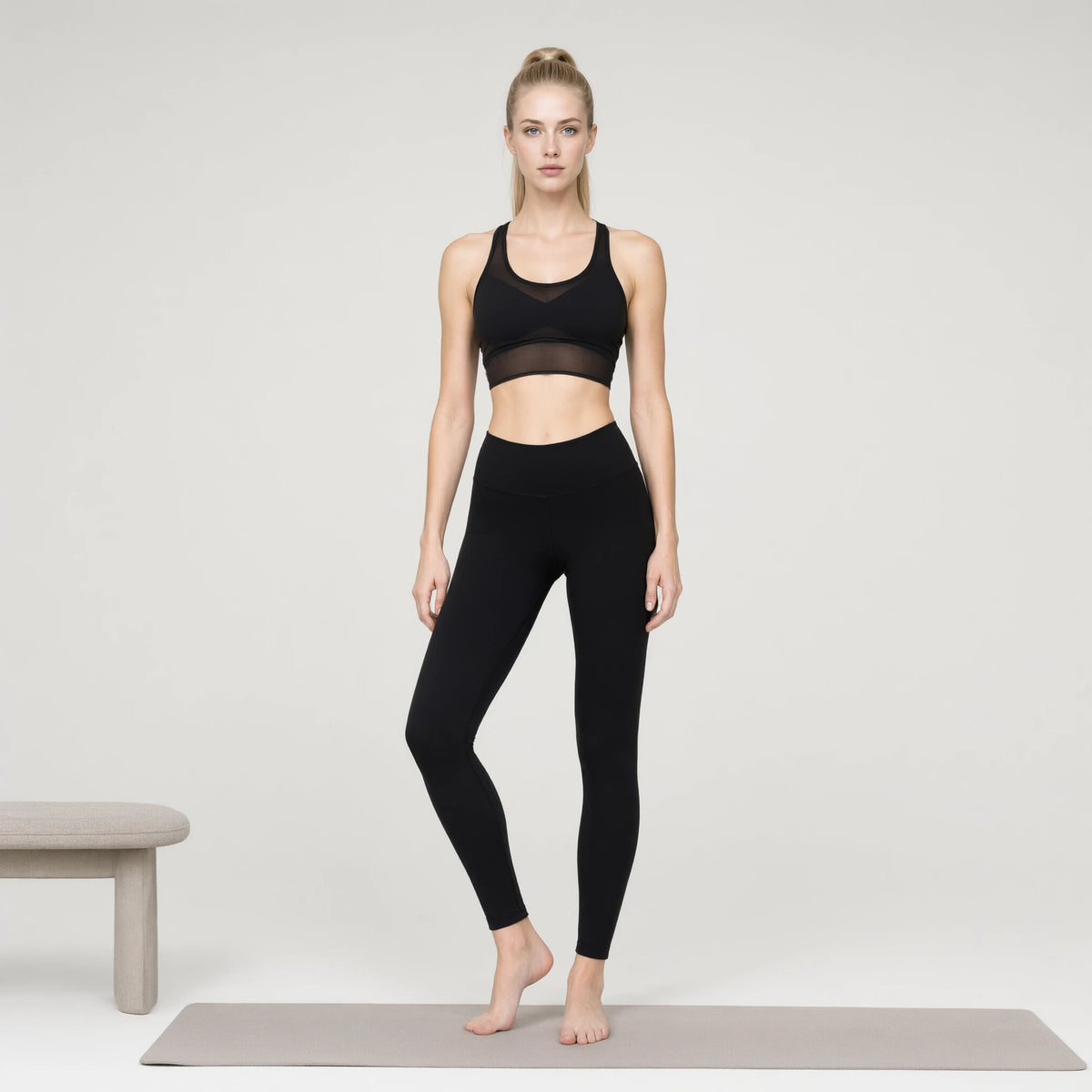 Black | Mesh Corset Tank Top for Women｜DUVETMOON – front view (one foot stepped half a pace forward)