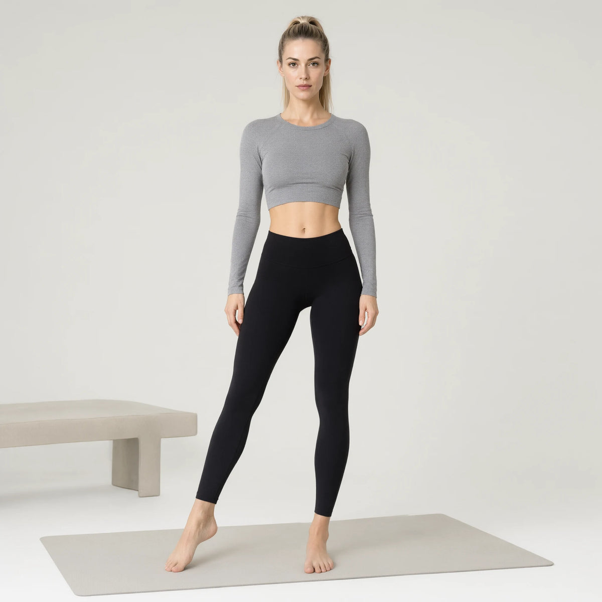 Bluish Grey | Fisoew Long Sleeve Crop Tops Loose Fit Crew｜DUVETMOON – front view (one foot stepped half a pace forward)