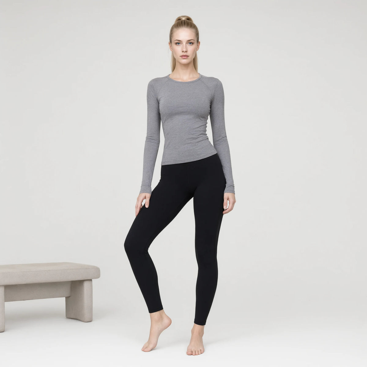 Grey | Gradient Long Sleeve Yoga Top｜DUVETMOON – front view (one foot stepped half a pace forward)
